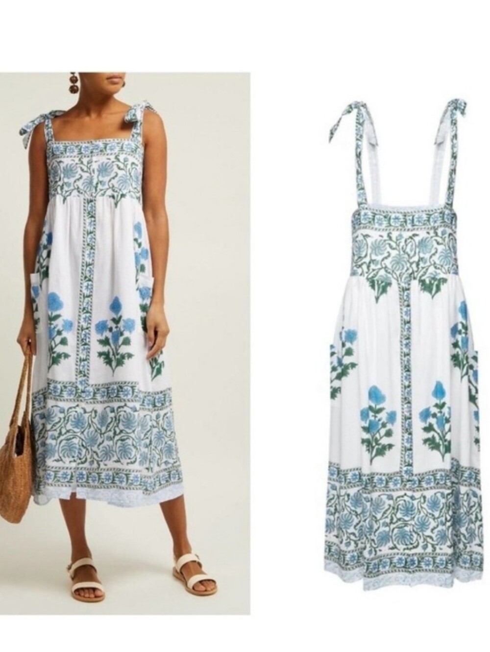 Juliet Dunn White & Blue Poppy Tie-Shoulder Midi Dress Size 1 (Small)